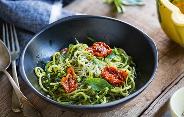 Zucchini Pasta in Pesto sauce with Sun dried Tomato | 9 Hearty And Healthy Dinner Recipes Your Senior Parents Will Love