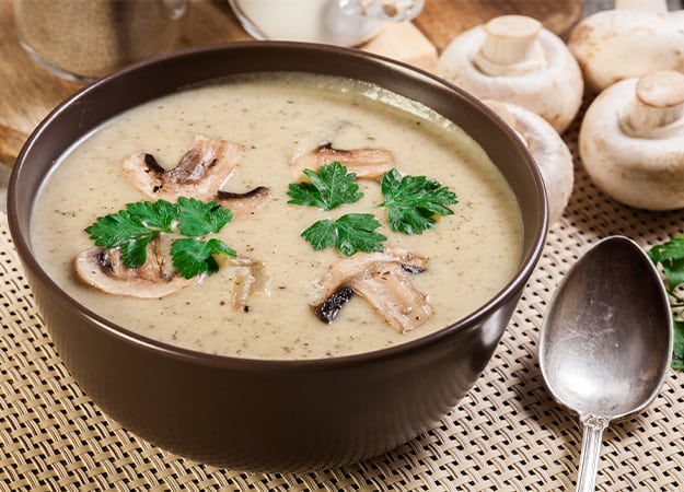 12Oaks-Mushroom cream soup with herbs and spices in brown bowl-ss-2.Nutritious Soups