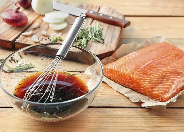 12Oaks-marinade for salmon and fillet on wooden table-as-Glazed Salmon