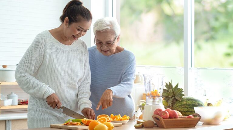 12Oaks-Smiling senior woman and middle aged-ss-Nutritional Needs For Elderly To Improve Their Health-Feature