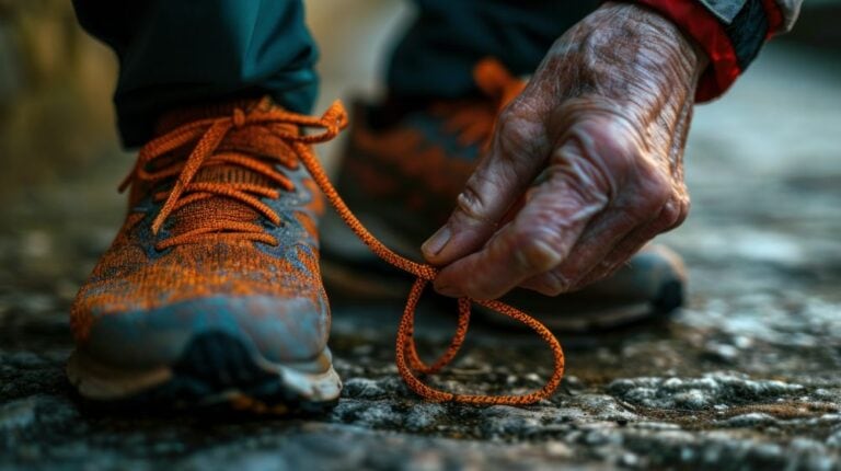 A close-up photo of an elderly person's hands tying running shoes, focusing on the action and the texture of the shoes