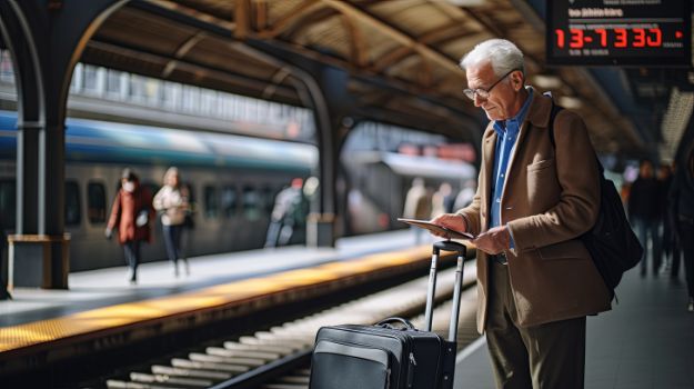 old senior businessman wear suit wating for train while reading news from paper or tablet he is standing on train station paltform daytime transportation