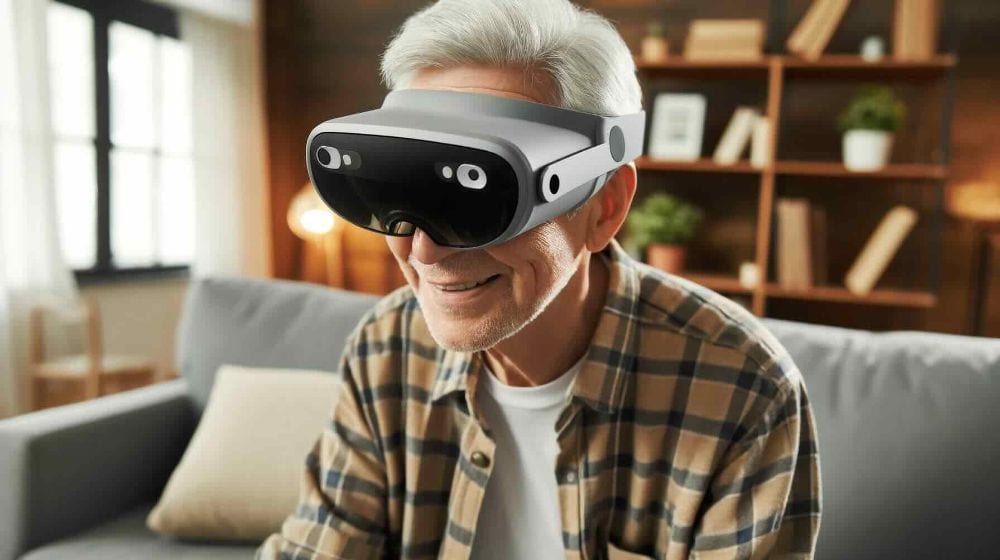 apple for seniors | An elderly man wearing casual clothing, is using a modern augmented reality headset