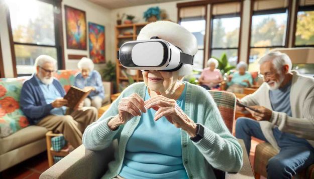 apple for seniors | elderly woman sitting in a nursing home using a virtual reality headset