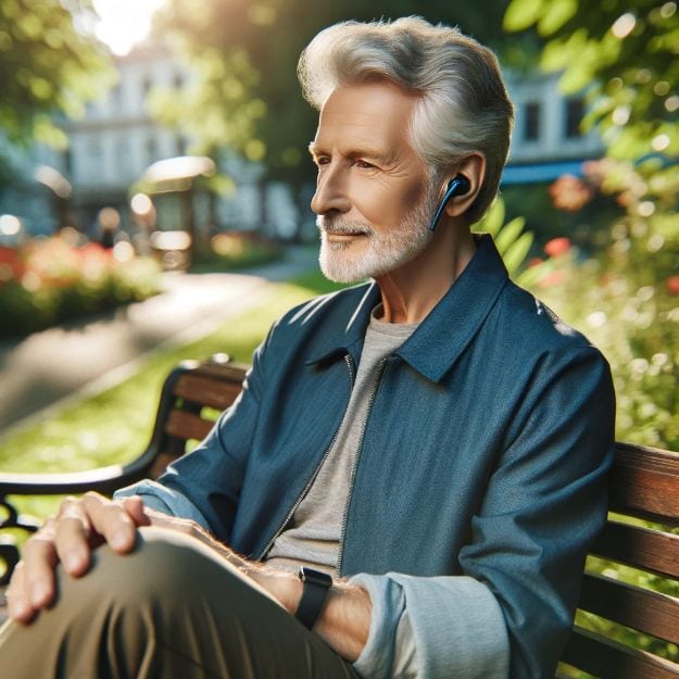 music therapy songs for older adults | An elderly man, around 75 years old wearing wireless earbuds AI