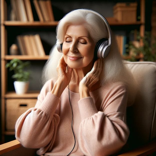 music therapy songs for older adults | elderly woman enjoying classical music AI