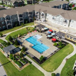 The Cedars at Woodland Hills Aerial view of pool and apartments.
