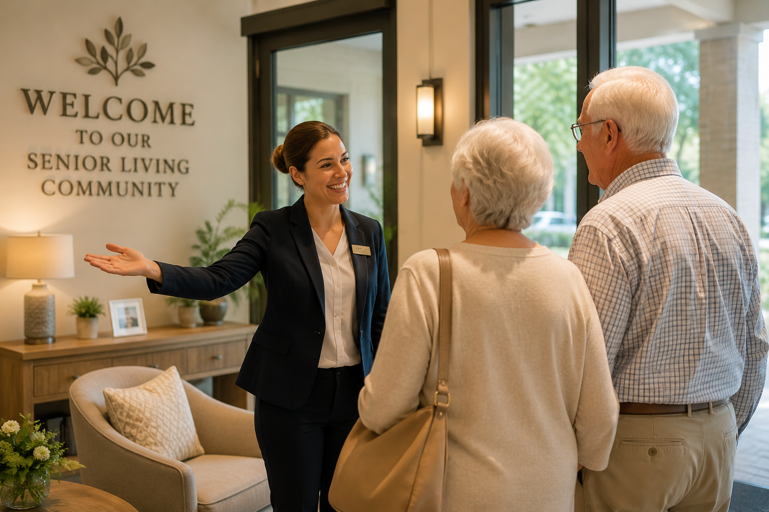 A 12 Oaks team member warmly welcoming an older couple to the senior living community