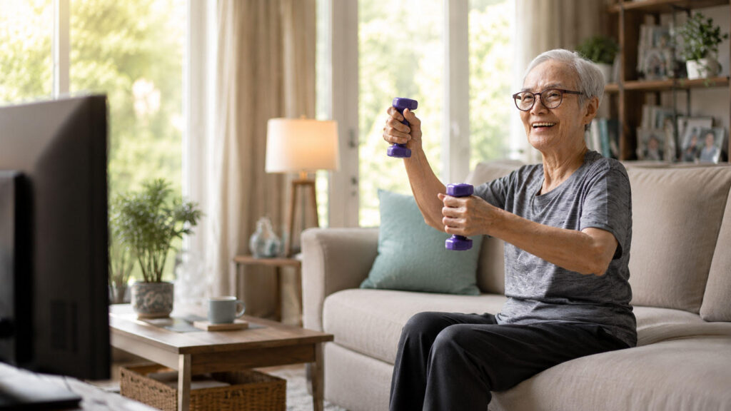 Older woman smiling while doing arm exercises with light dumbbells on a couch