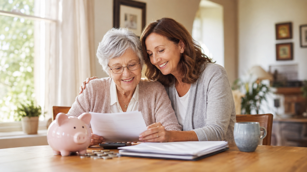Older woman and adult daughter reviewing finances at a kitchen table