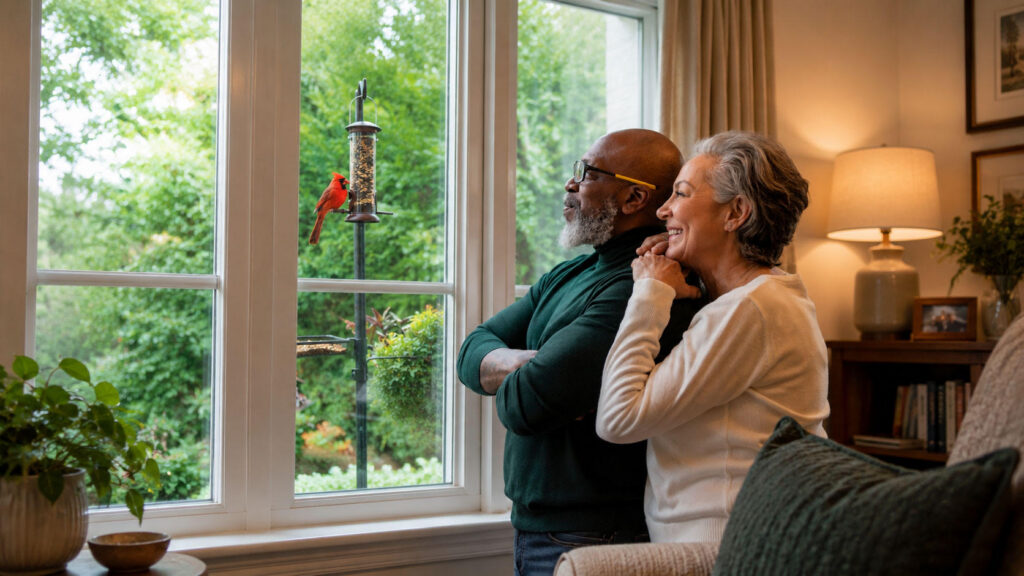 Older couple watching a cardinal at a bird feeder through a sunny window