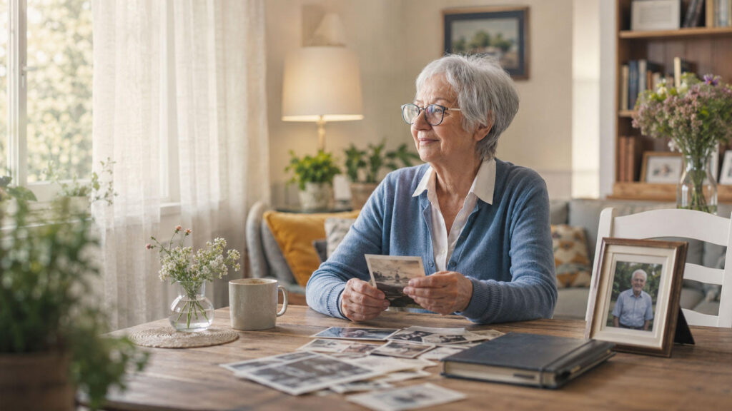 Older woman with gray hair smiling while looking through old family photographs