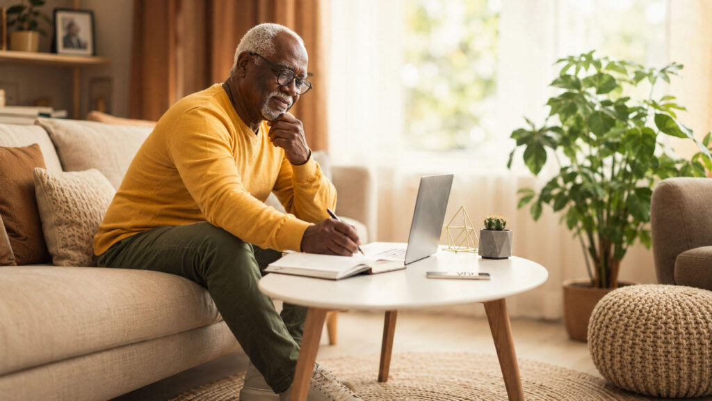 Older man sitting alone, writing thoughtfully in a journal at a coffee table