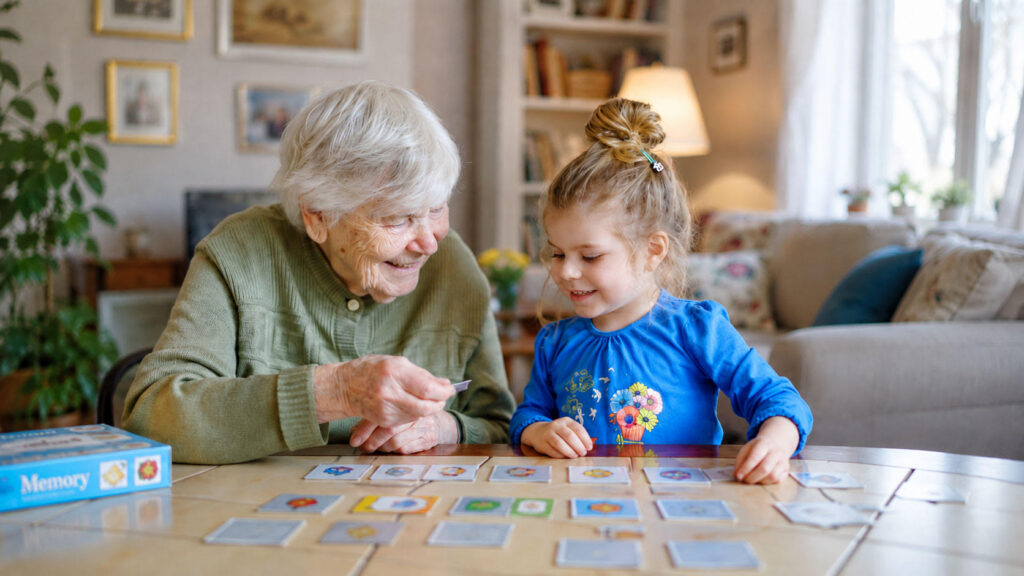 Grandmother and young granddaughter laughing while playing a memory matching card game