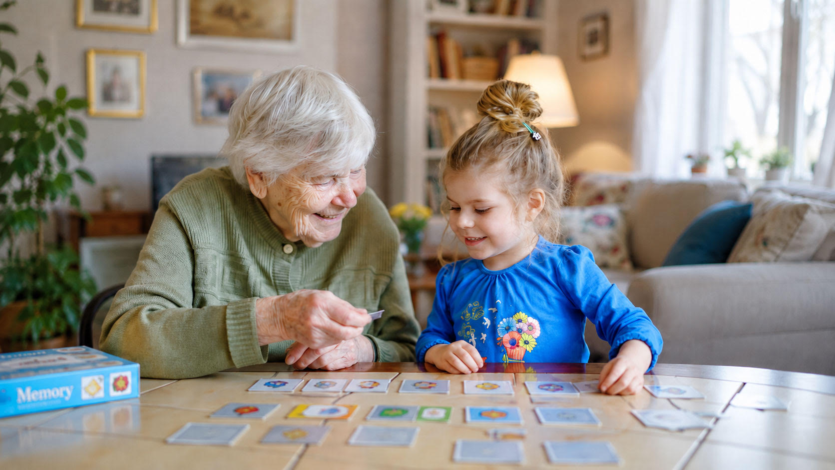 Grandmother and young granddaughter laughing while playing a memory matching card game