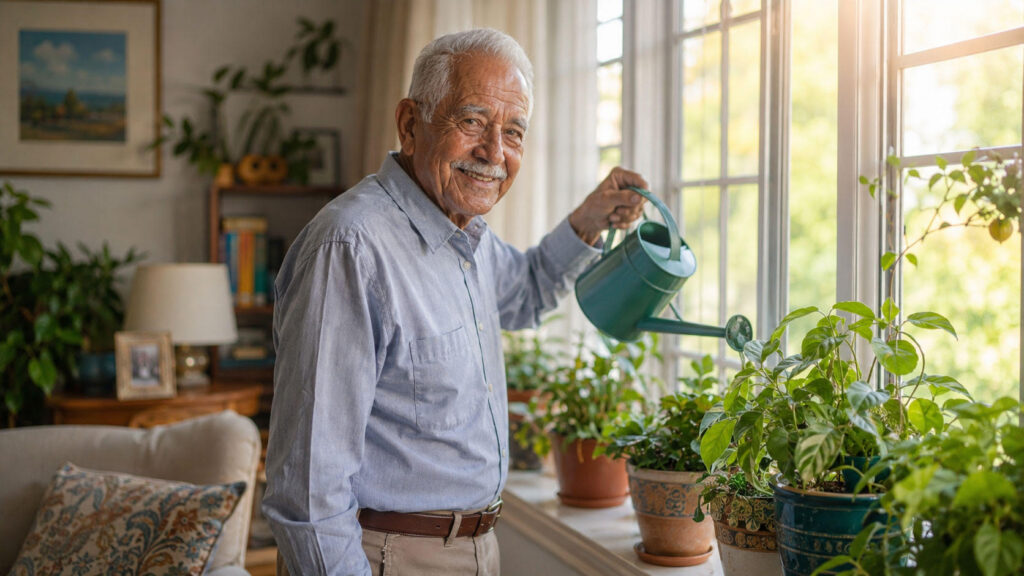 Older man smiling while watering potted plants near a sunny window