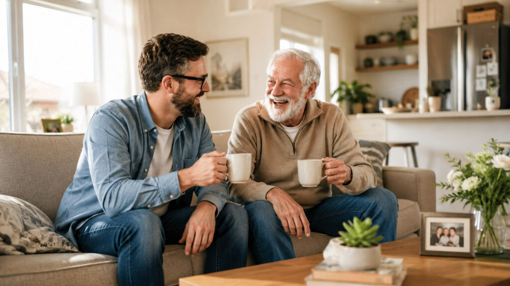 Adult son and senior father laughing together on Father's Day