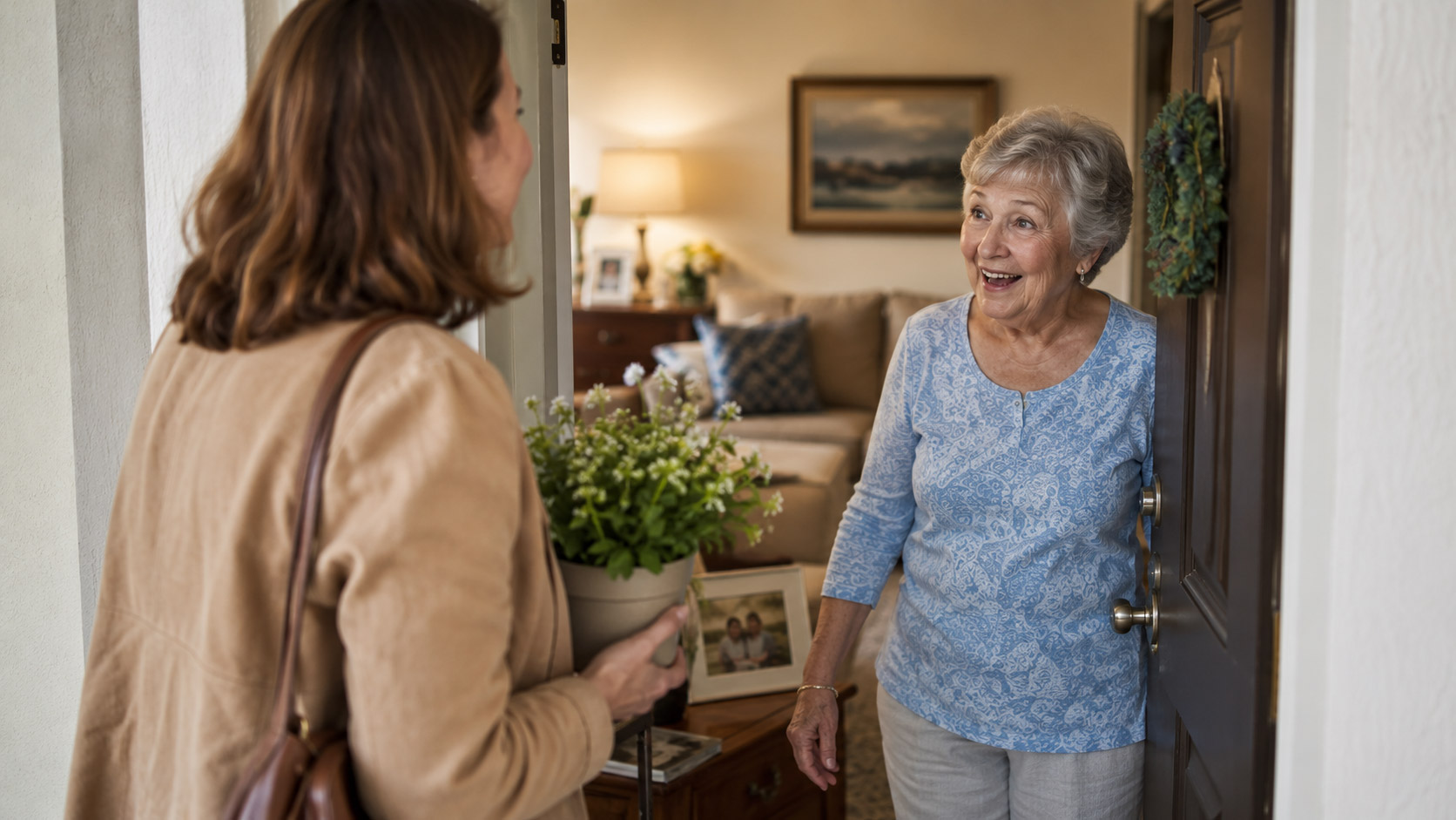 Adult daughter sitting and talking with her senior mother during a visit