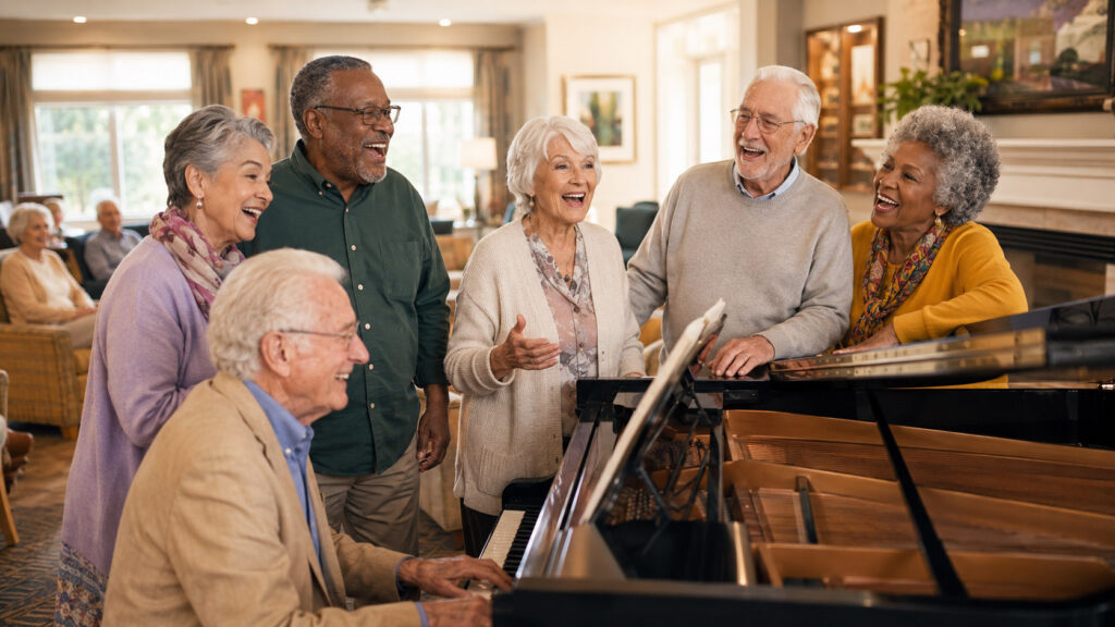 A small group of senior residents sharing conversation in a community setting