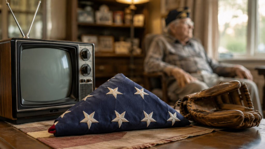 Senior veteran holding an American flag during a July 4 family celebration