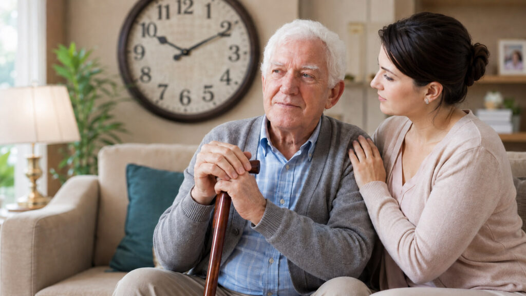 Adult daughter having a thoughtful conversation with her senior mother about future care