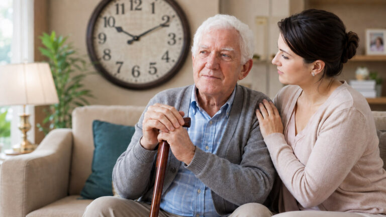 Adult daughter having a thoughtful conversation with her senior mother about future care