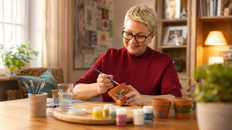 Older adults working on a craft project together at a table