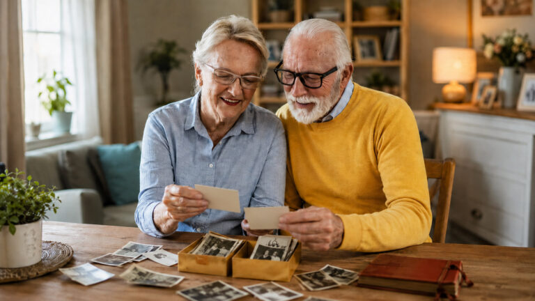 Older adult and adult child looking through old family photographs
