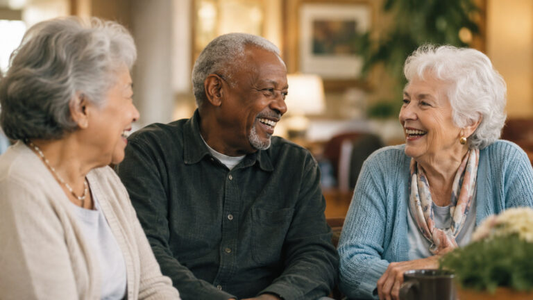 Two older adults talking and laughing together