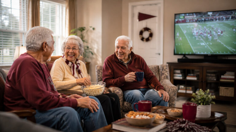 Older adults watching a college football game together in team colors