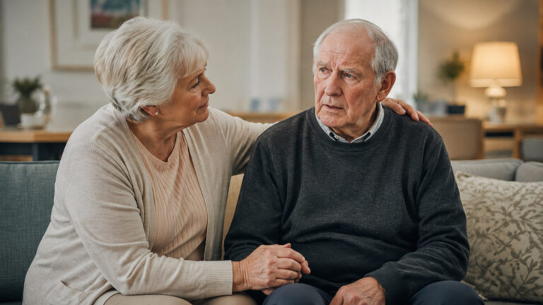 Adult child gently talking with an older parent at home