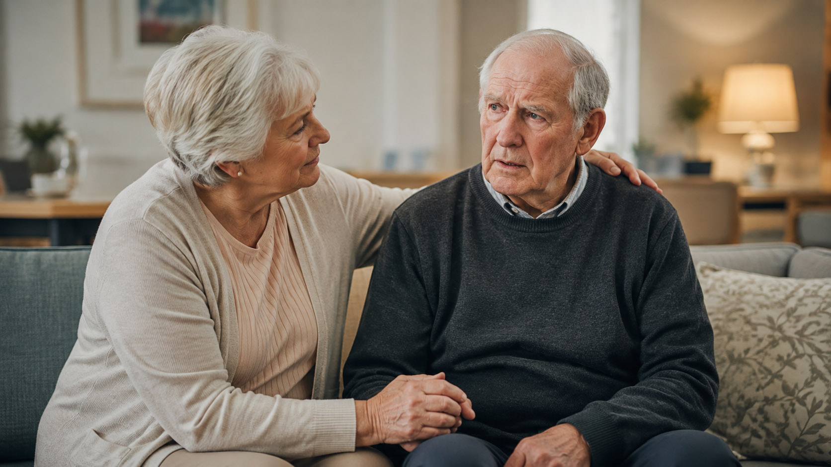 Adult child gently talking with an older parent at home