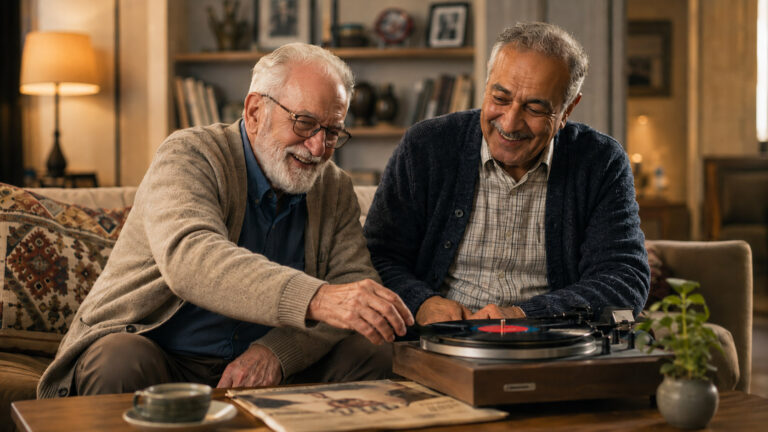 Older adult listening to music and smiling