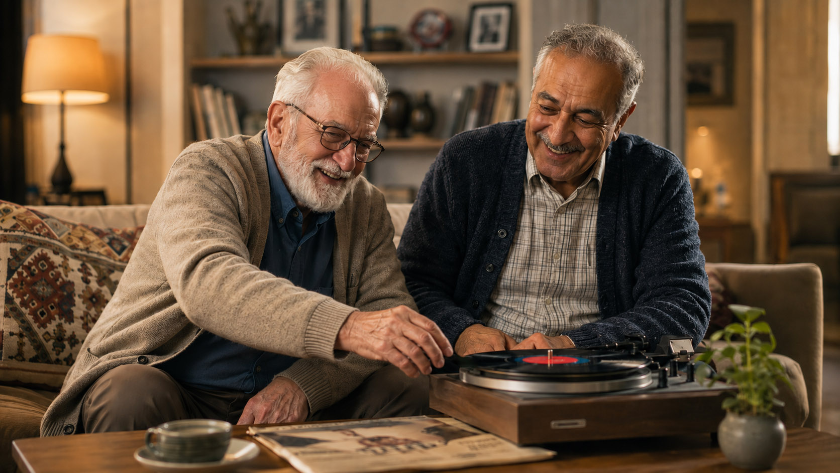 Older adult listening to music and smiling