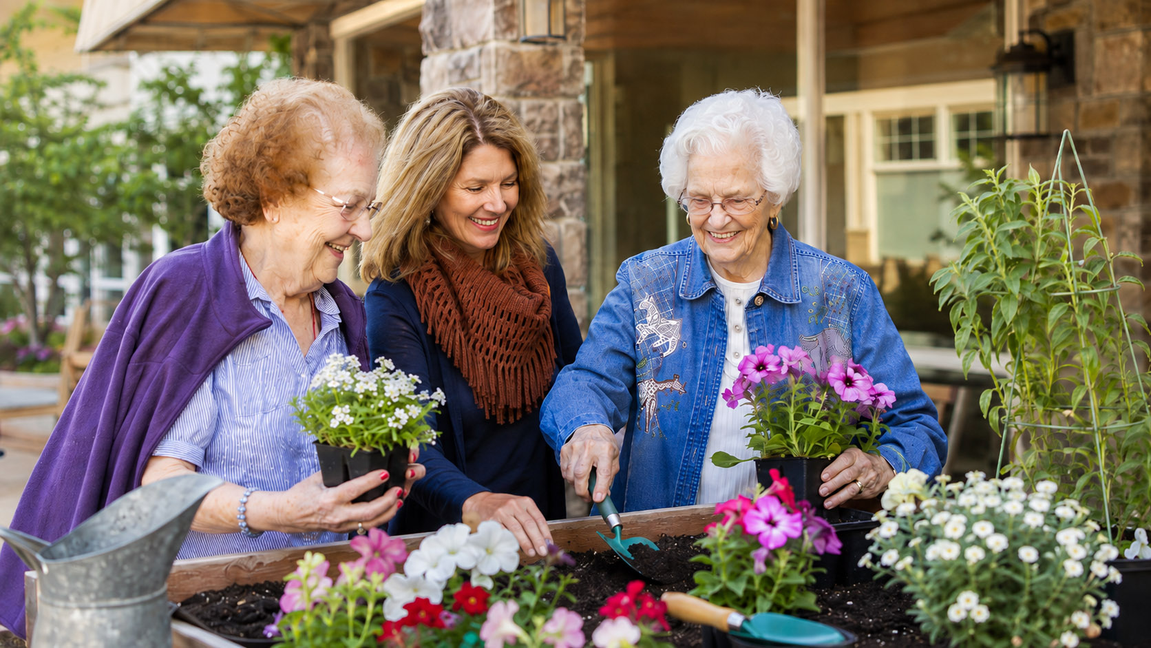 Older adult tending potted fall flowers and herbs